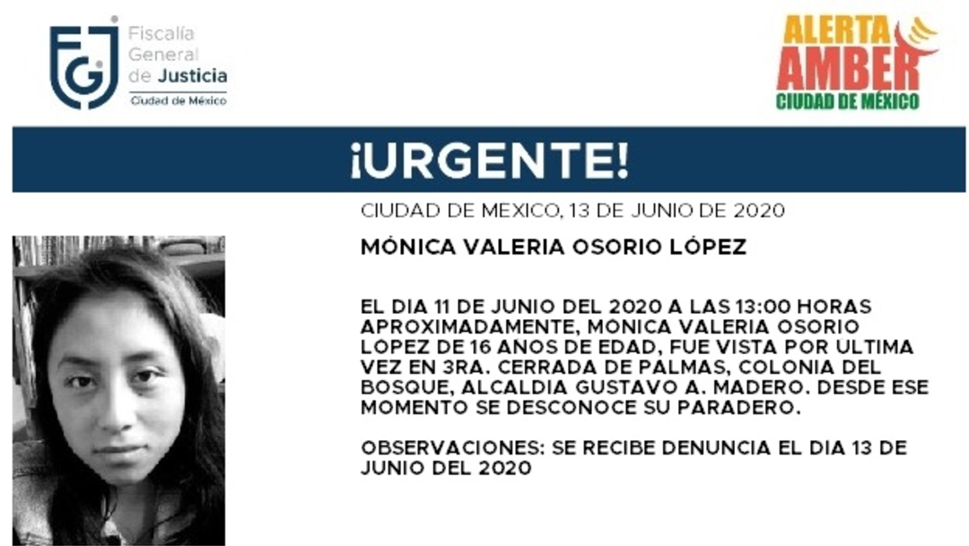 FOTO: Activan Alerta Amber para localizar a Mónica Valeria Osorio López, el 15 de junio de 2020