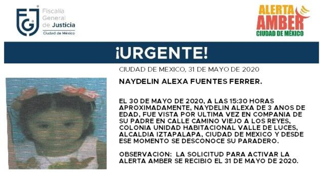 FOTO: Activan Alerta Amber para localizar a Naydelin Alexa Fuentes Ferrer, el 01 de junio de 2020