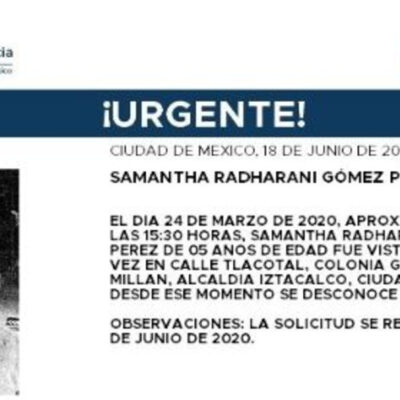 Activan Alerta Amber para localizar a Samantha Radharani Gómez Pérez