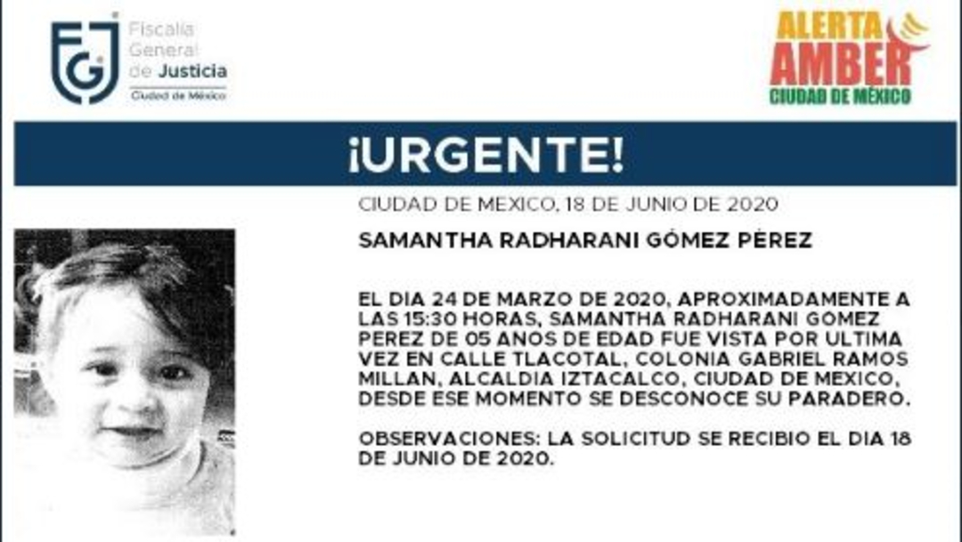 Activan Alerta Amber para localizar Samantha Radharani Gómez Pérez. (Foto: @FiscaliaCDMX)
