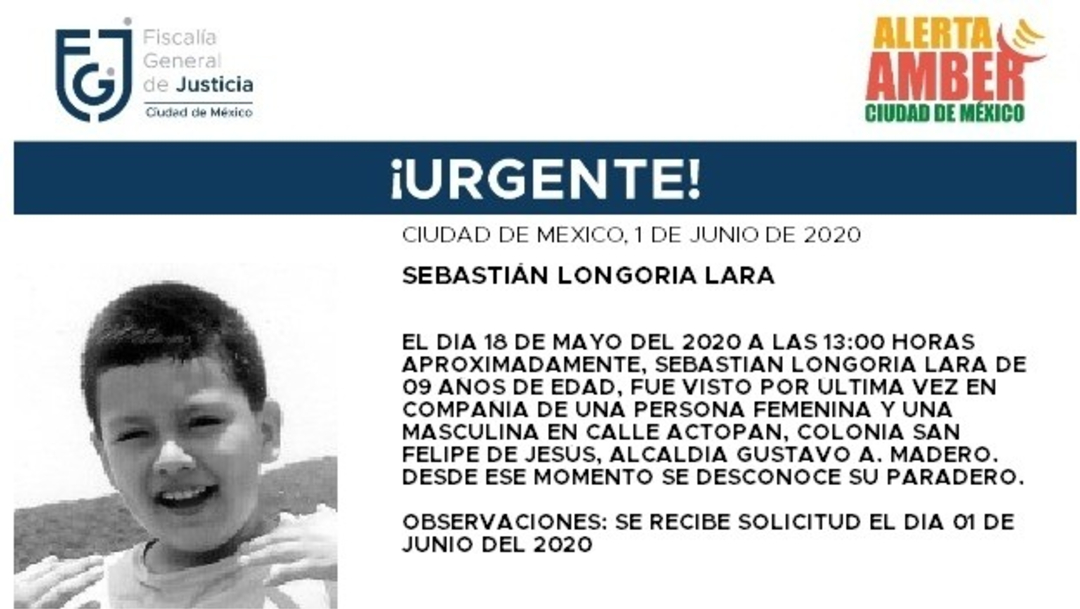 FOTO: Activan Alerta Amber para localizar a Sebastián Longoria Lara, el 02 de junio de 2020