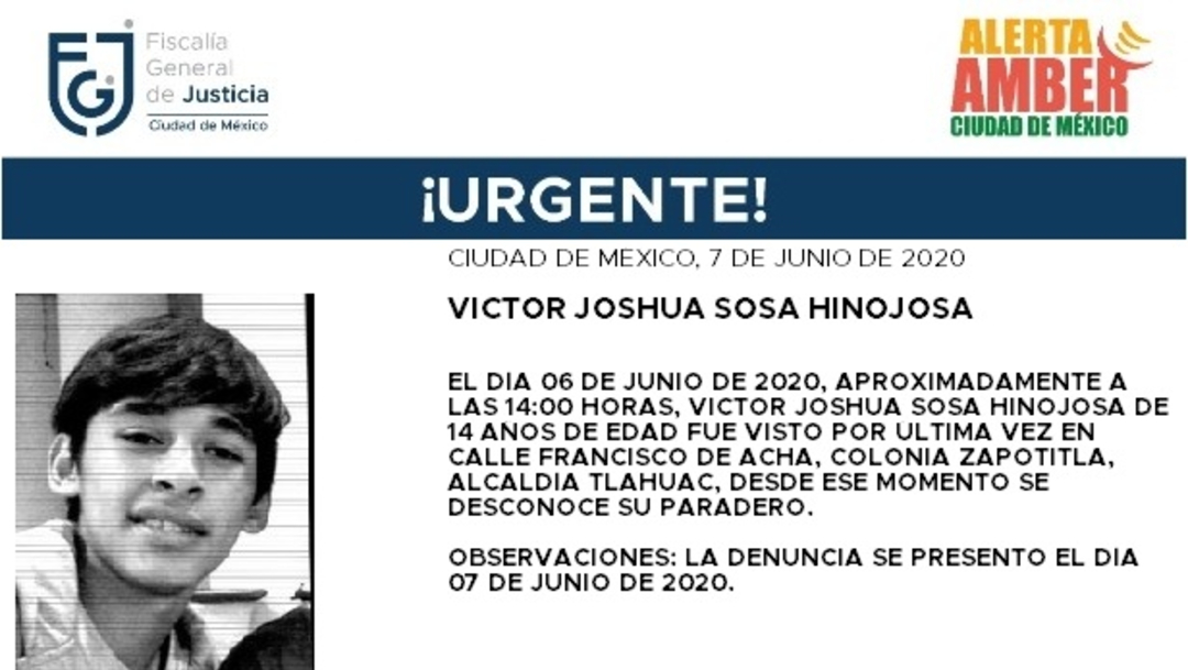 FOTO: Activan Alerta Amber para localizar a Víctor Joshua Sosa Hinojosa, el 8 de junio de 2020