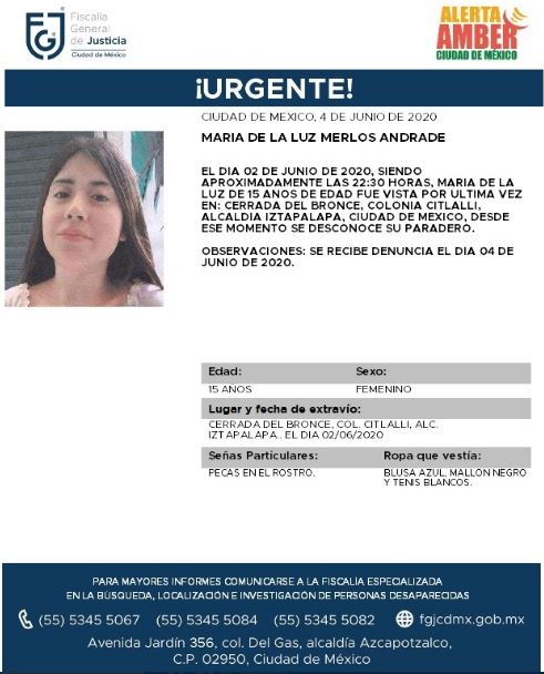 Activan Alerta Amber para localizar a María de la Luz Merlos Andrade, (@FiscaliaCDMX)