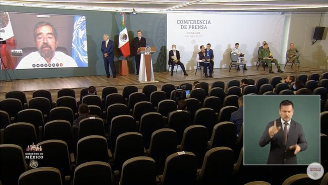 El presidente de México, Andrés Manuel López Obrador, el secretario de Relaciones Exteriores, Marcelo Ebrard, y al representante de México en la ONU, Juan Ramón de la Fuente. (Foto: Gobienro de México)