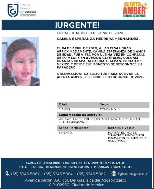 Activan Alerta Amber para localizar a Camila Esperanza Herrera Hernández. (@FiscaliaCDMX)