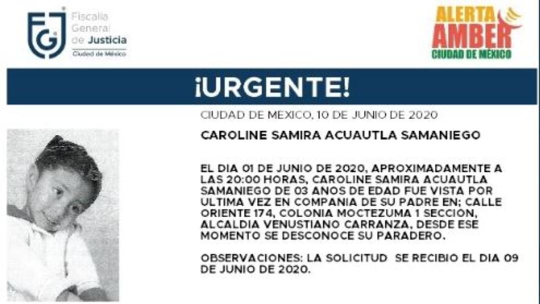 Activan Alerta Amber para localizar a Caroline Samira Acuautla Samaniego. (Foto: @FiscaliaCDMX)