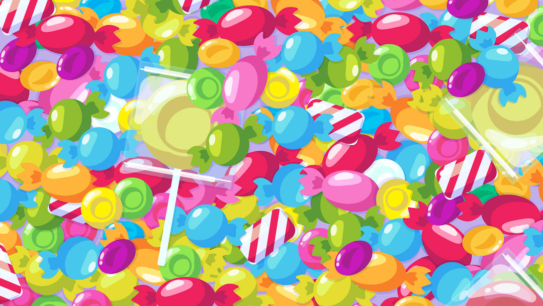 Reto visual para encontrar los 4 dulces de menta entre los caramelos, ilustración