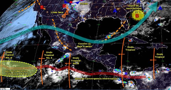Mapa que muestra los sistemas meteorológicos del sábado 20 de junio. (Foto: https://smn.conagua.gob.mx/)