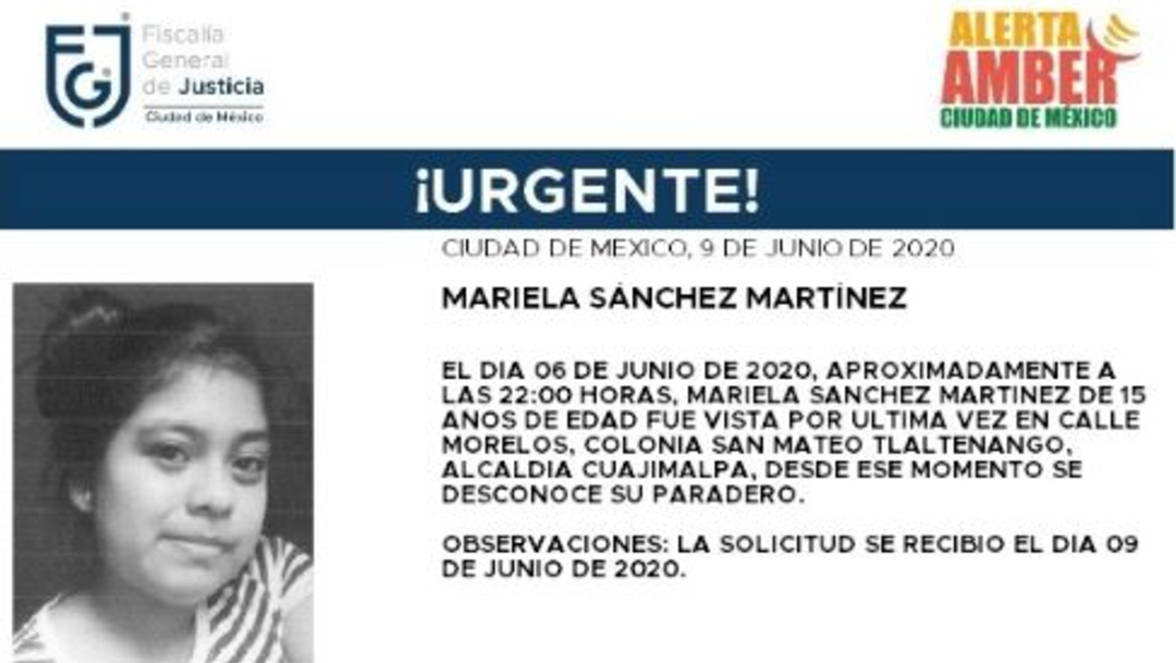 Activan Alerta Amber para localizar a Mariela Sánchez Martínez. (Foto: @FiscaliaCDMX)