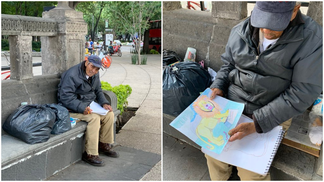 Dibujante anciano en Reforma, redes sociales