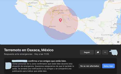 Imagen Safety Check Facebook Mapa México Sismo