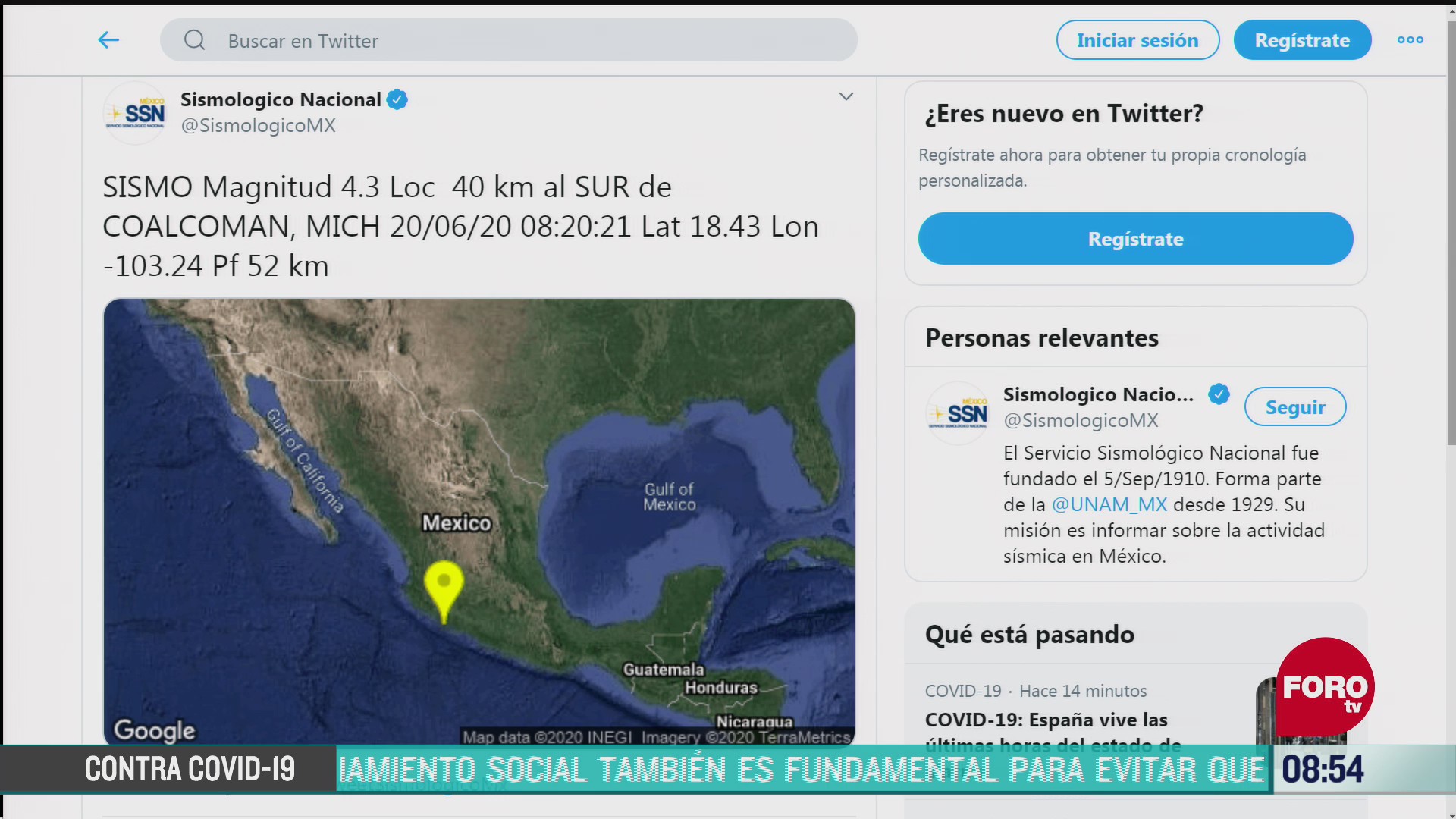 FOTO: 20 de junio 2020,se registra sismo en michoacan hoy sabado 20 de junio