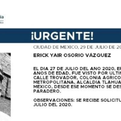 Activan Alerta Amber para localizar a Erick Yair Osorio Vázquez