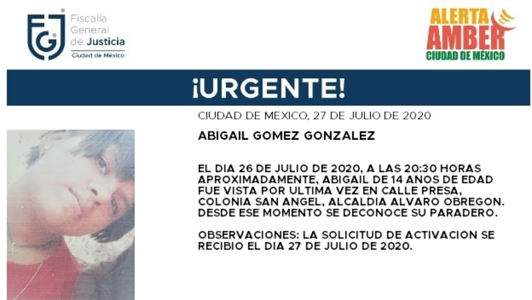 Activan Alerta Amber para localizar a Abigail Gómez González