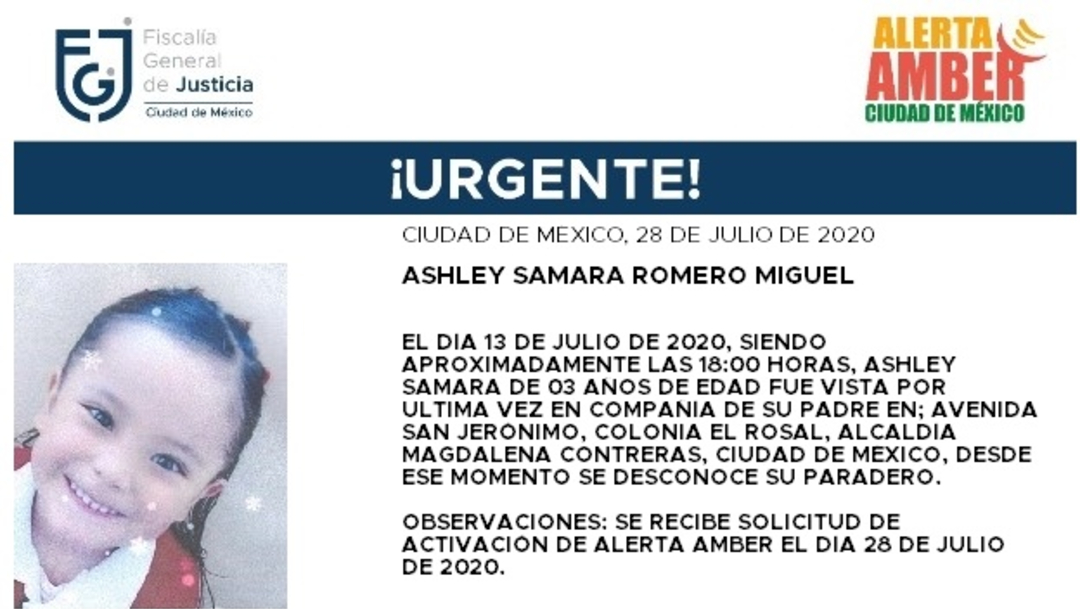 Activan Alerta Amber para localizar a Ashley Samara Romero Miguel