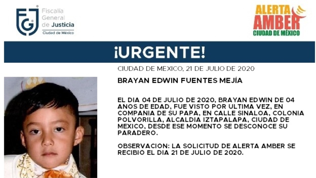 Activan Alerta Amber para localizar a Brayan Edwin Fuentes Mejía
