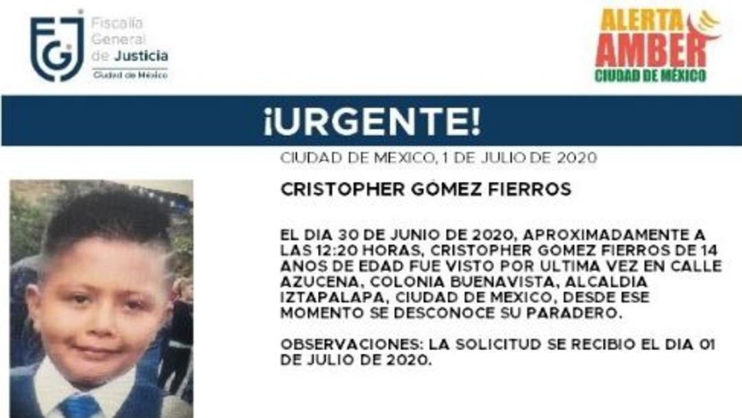 Activan Alerta Amber para localizar a Christopher Gómez Fierros.