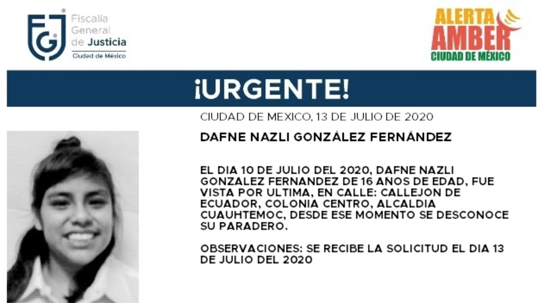 Activan Alerta Amber para localizar a Dafne Nazli González Fernández