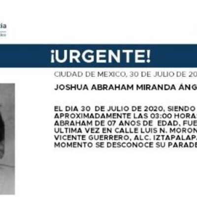Activan Alerta Amber para localizar a Joshua Abraham Miranda Ángeles