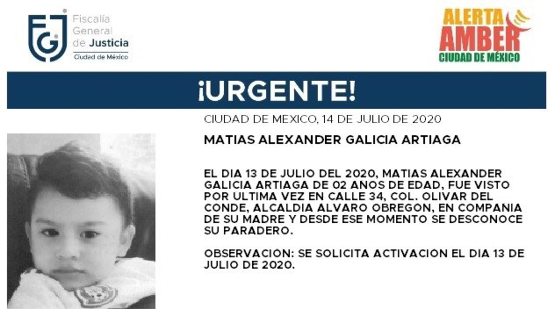Activan Alerta Amber para localizar a Matías Alexander Galicia Artiaga
