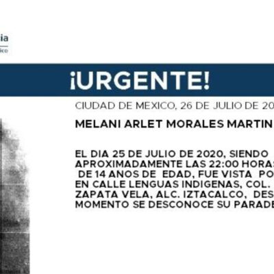 Activan Alerta Amber para localizar a  Melani Arlet Morales Martínez