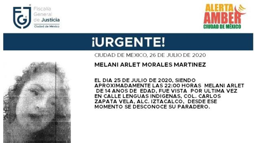 Activan Alerta Amber para localizar a Melani Arlet Morales Martínez