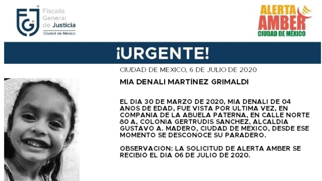 Activan Alerta Amber para localizar a Mía Denali Martínez Grimaldi