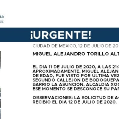 Activan Alerta Amber para localizar a Miguel Alejandro Torillo Altamirano