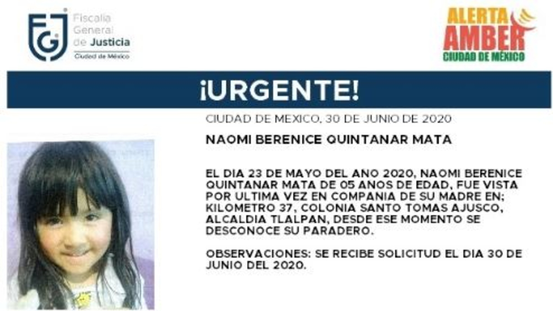 Activan Alerta Amber para localizar a Naomi Berenice Quintanar Mata.