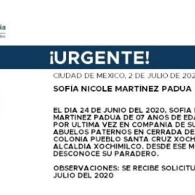 Activan Alerta Amber para localizar a Sofía Nicole Martínez Padua
