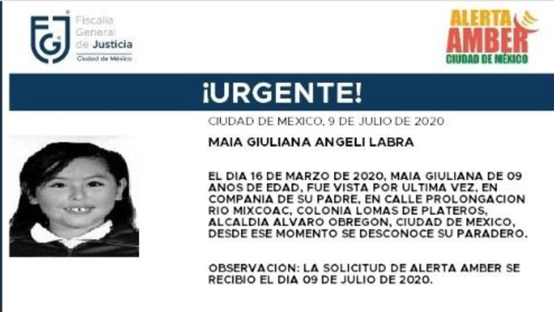 Activan Alerta Amber para localizar a Maia Giuliana Angelí Labra.