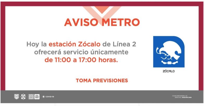 Aviso del Metro sobre horario en estación Zócalo