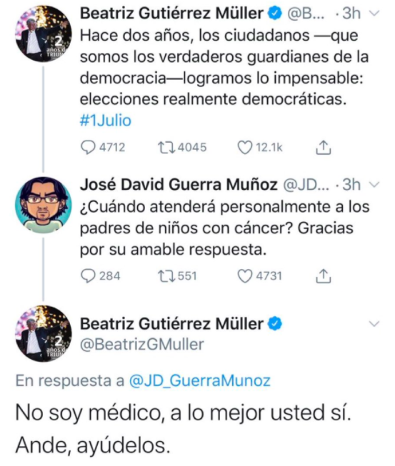 Respuesta de Beatriz Gutiérrez Müller a usuario en Twitter causa polémica
