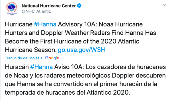 'Hanna' se convierte en el primer huracán del Oceáno Atlántico