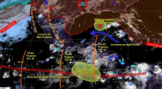 Mapa que muestra los sistemas meteorológicos del miércoles 22 de julio