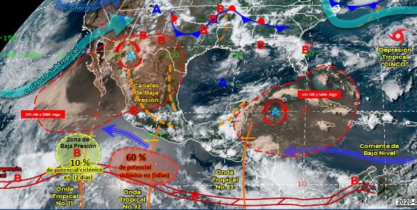 Mapa que muestra los sistemas meteorológicos del domingo 5 de julio. (Foto: https://smn.conagua.gob.mx/)