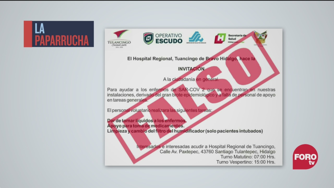 La falsa invitación para apoyar a pacientes COVID en Tulancingo, la paparrucha del día