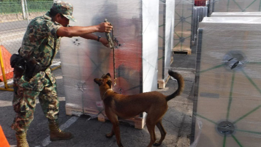 Un elemento de la Armada de México y su perro revisan la mercancía que llegó a la Aduana Marítima del Puerto de Manzanillo.