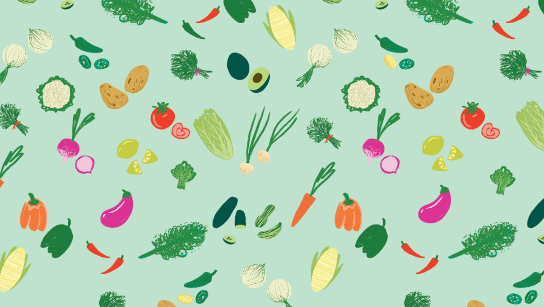 reto viral frutas y verduras, ilustración.