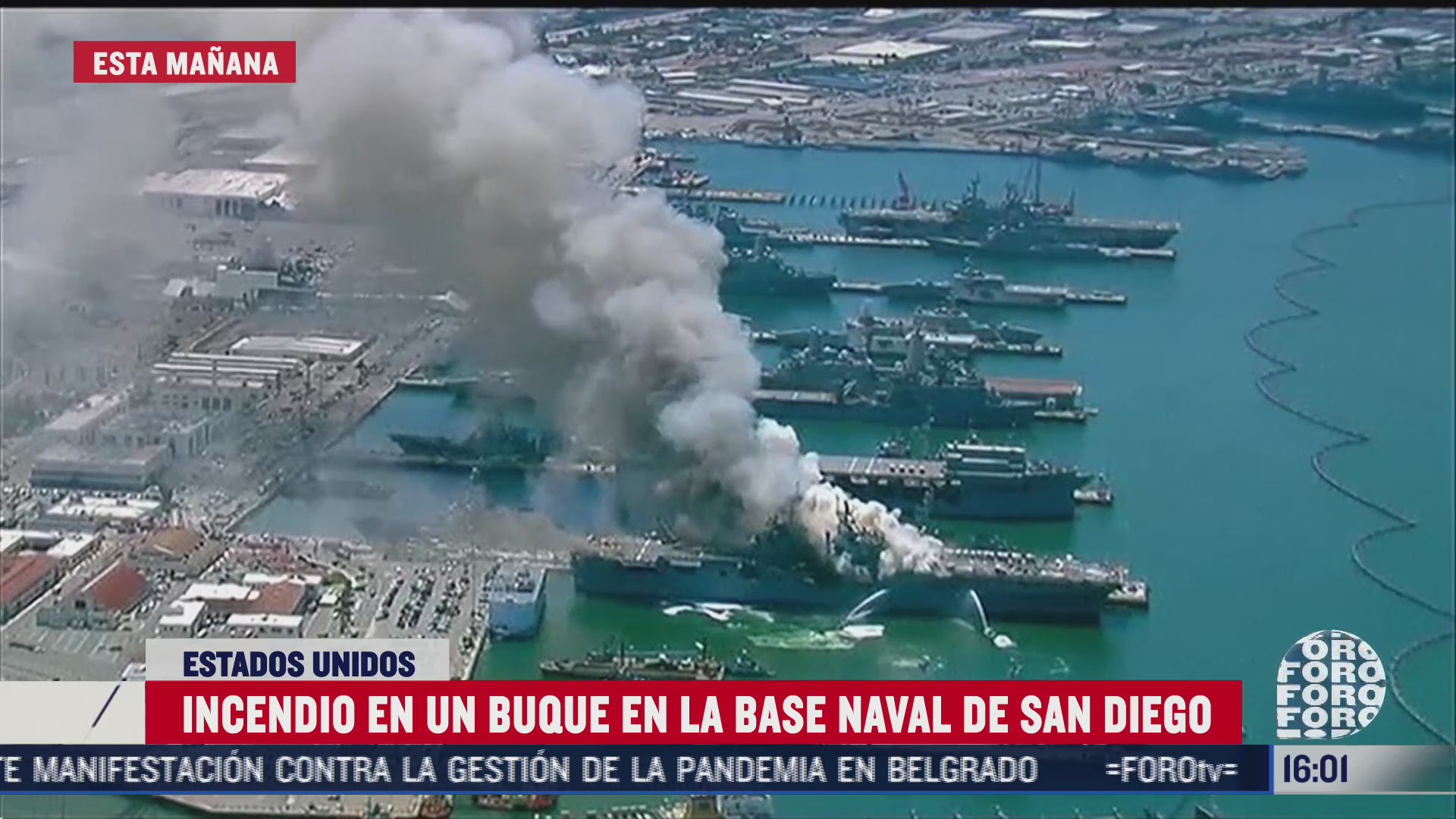 FOTO: 12 de julio 2020, se registra incendio en buque en la base naval de san diego