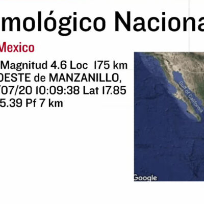 Se registra sismo de magnitud 4.6 al suroeste de Manzanillo, Colima