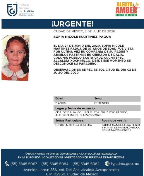 Activan Alerta Amber para localizar a Sofía Nicole Martínez Padua. (Foto: @FiscaliaCDMX)