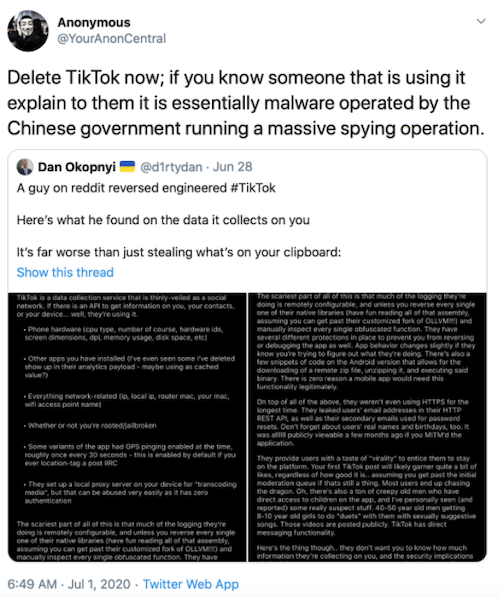 Anonymous pide no usar TikTok en un tuit
