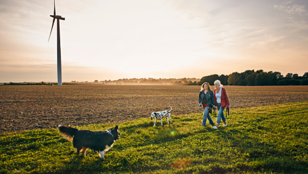 Dos mujeres dan un paseo con sus perros en el campo en Schleswig-Holstein, Alemania