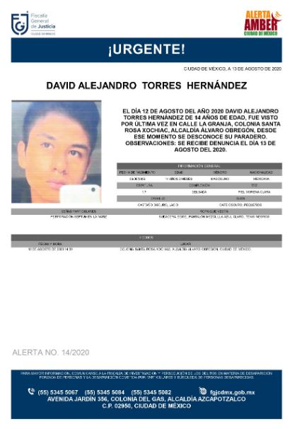 Activan Alerta Amber para localizar a David Alejandro Torres Hernández.