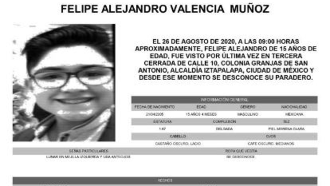 Activan Alerta Amber para localizar a Felipe Alejandro Valencia Muñoz