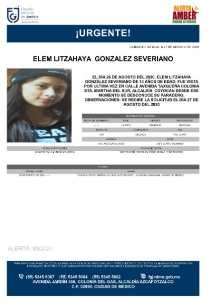 Se activa Alerta Amber para localizar a Elem Litzahaya González Severiano