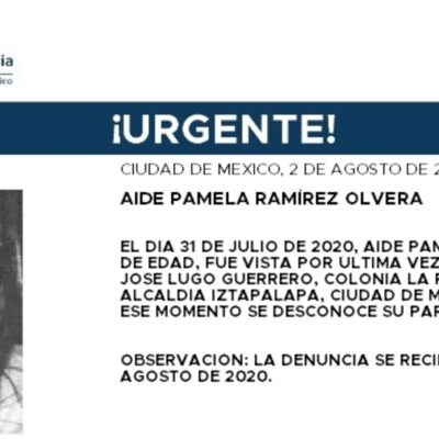 Activan Alerta Amber para localizar a Aidé Pamela Ramírez Olvera