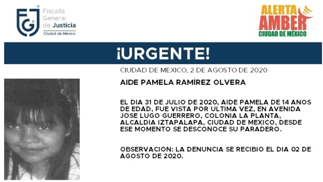 Activan Alerta Amber para localizar a Aidé Pamela Ramírez Olvera
