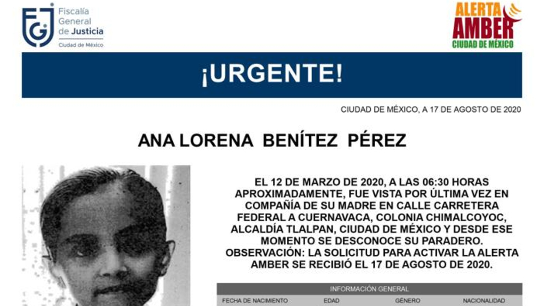 Activan Alerta Amber para localizar a Ana Lorena Benítez Pérez